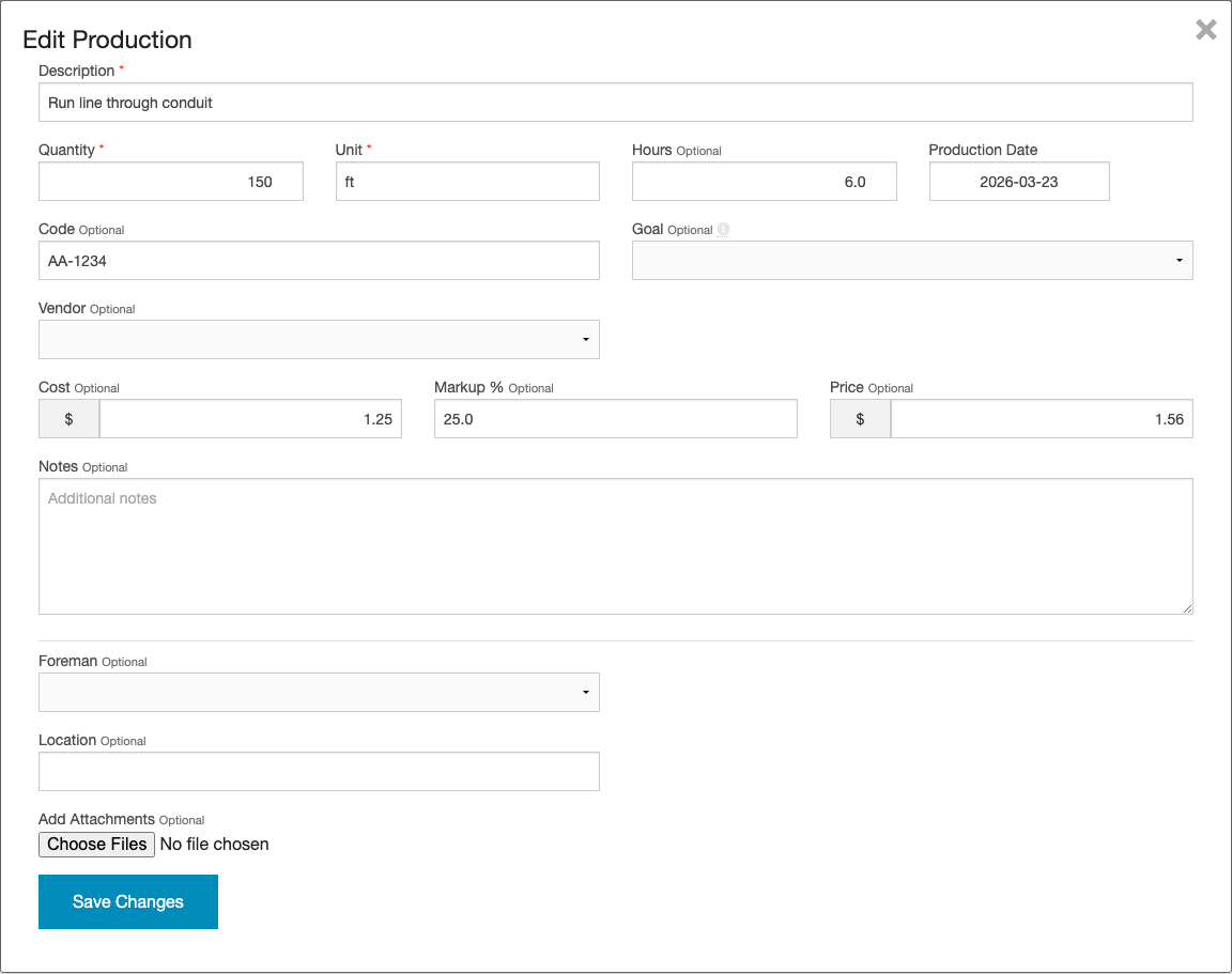 Edit production modal