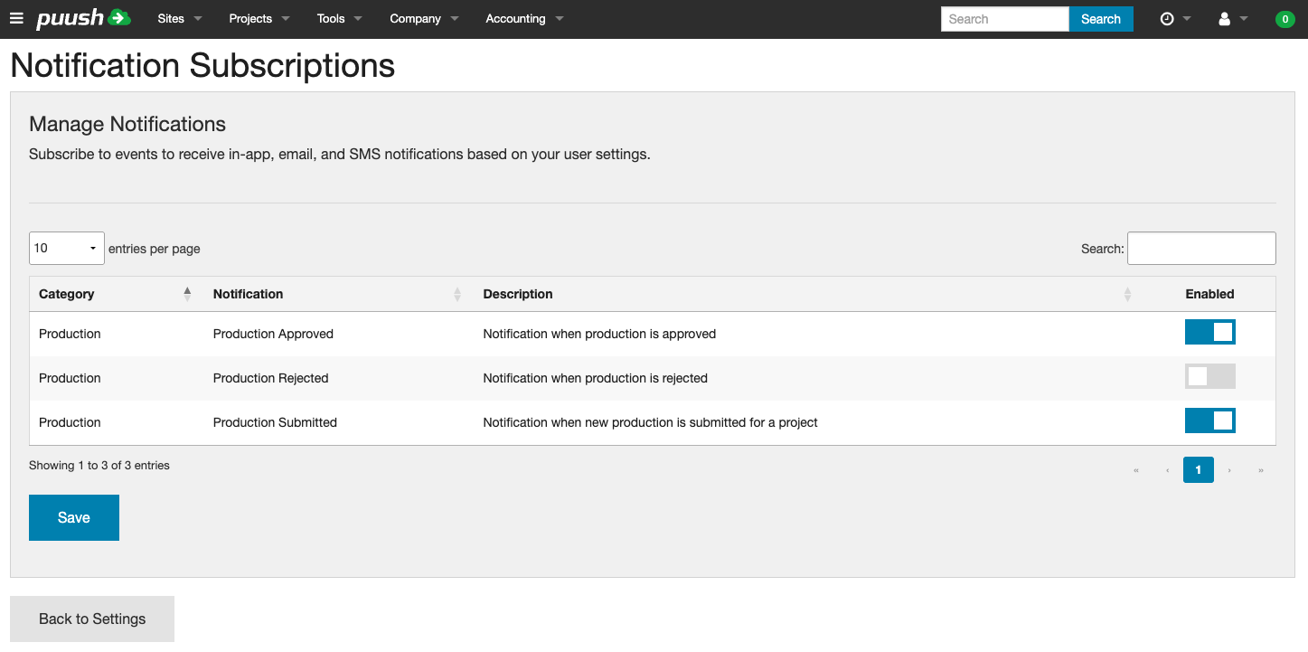 Notification subscriptions page