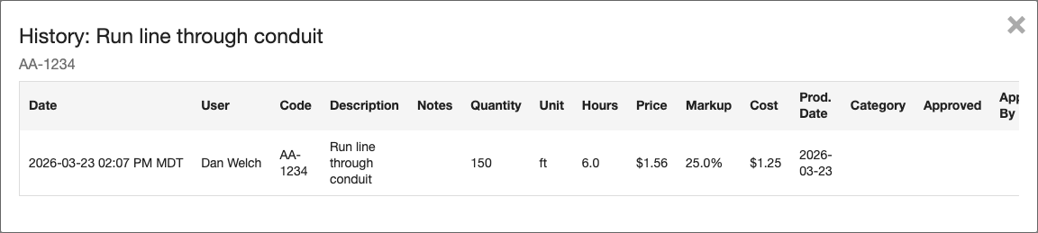 Production history modal