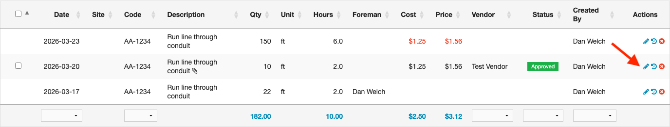 Production history modal