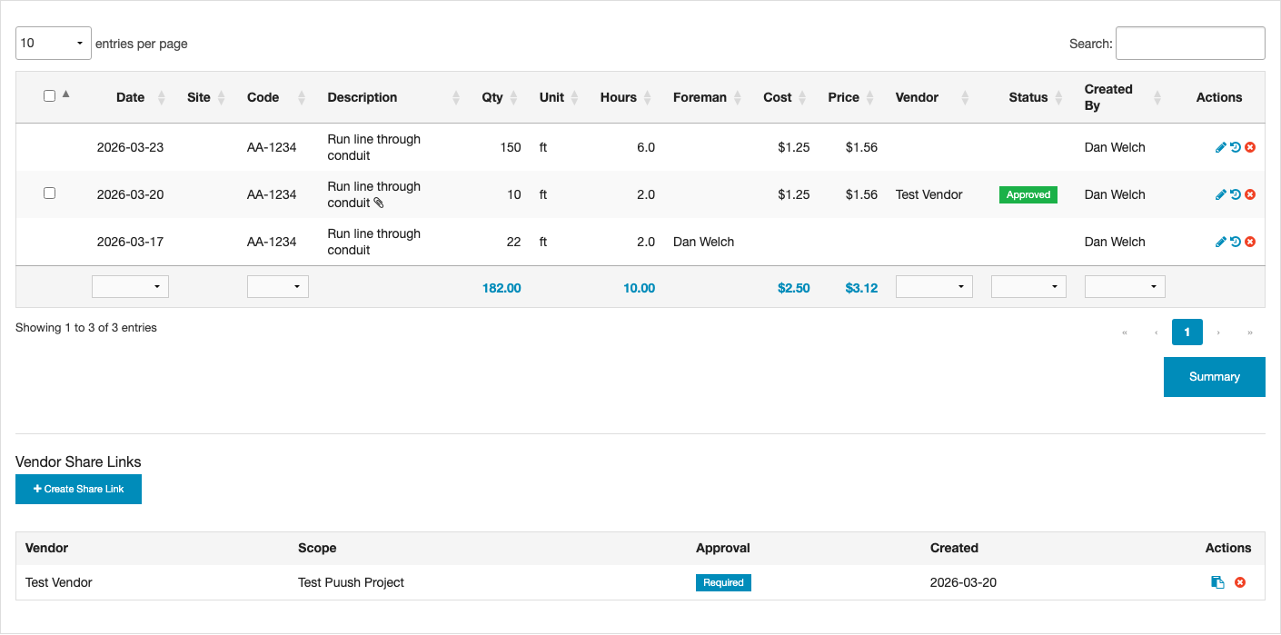 Production tab on a project