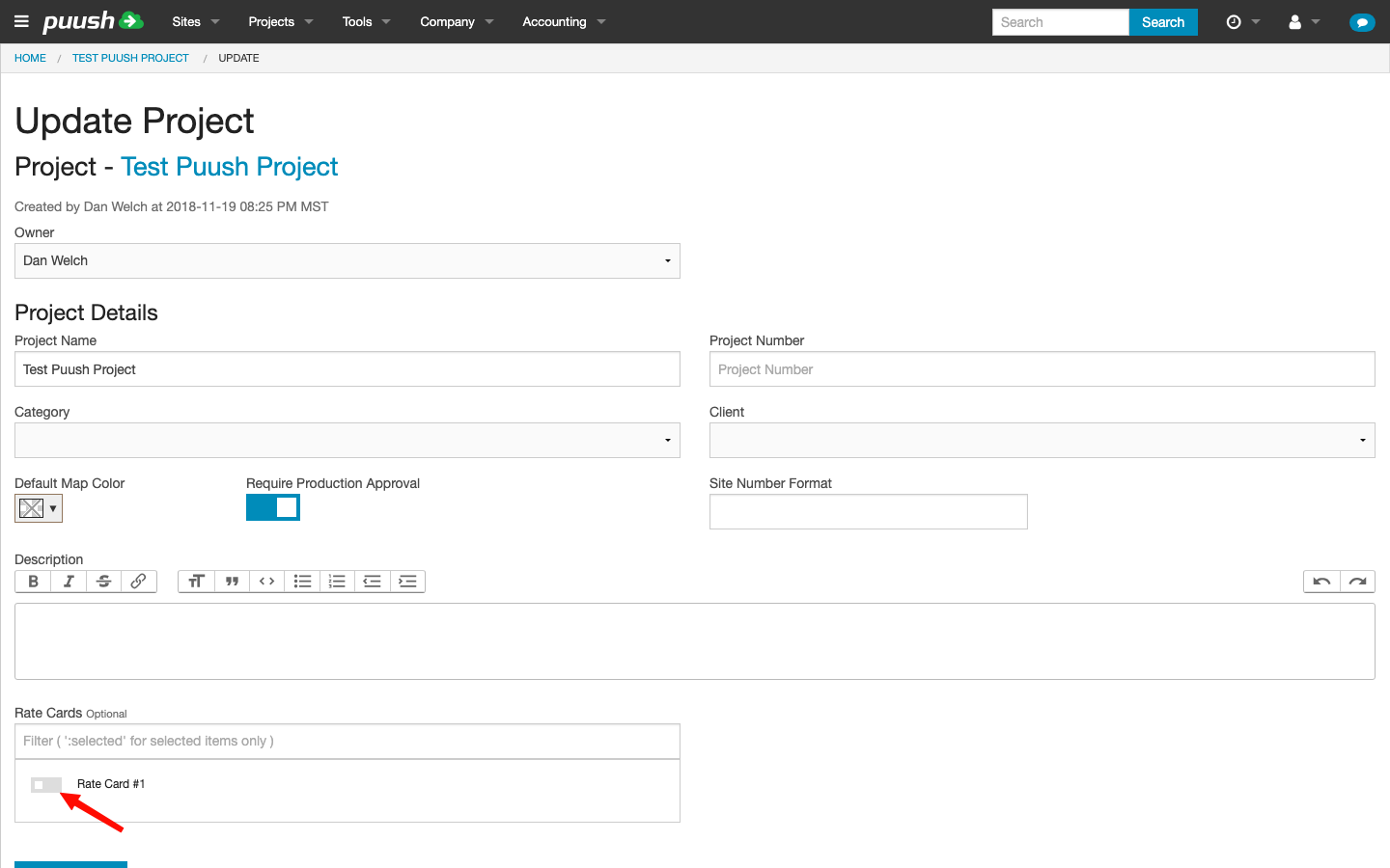 Rate card selector in project settings
