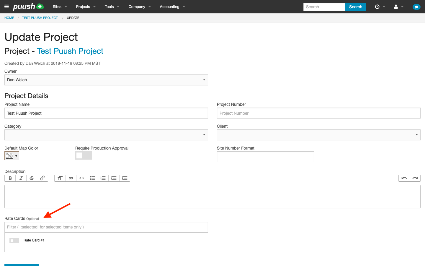 Rate card dropdown in project settings