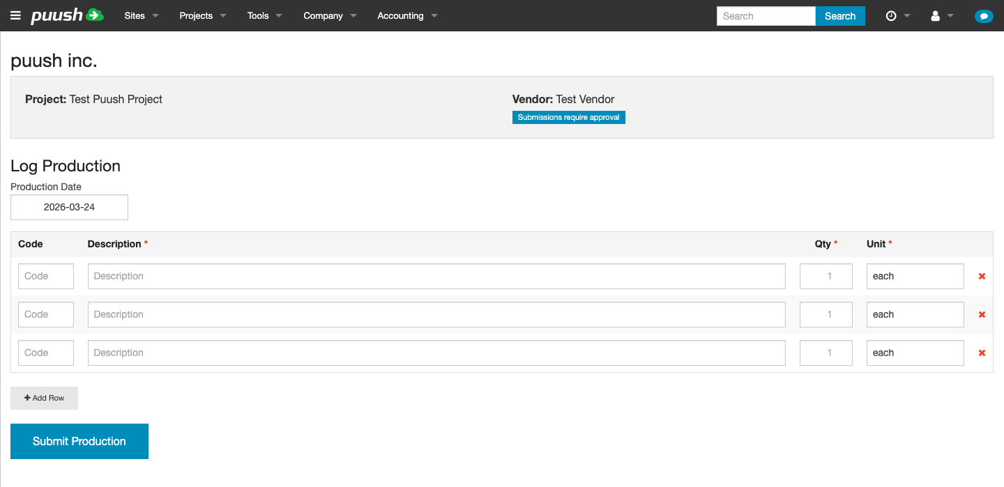 Vendor production page